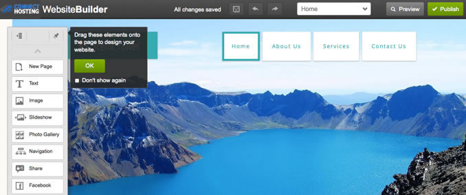 Website builder interface with mountain and lake background.