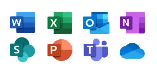 Microsoft Office app icons: Word, Excel, OneNote, SharePoint, PowerPoint, Teams, OneDrive