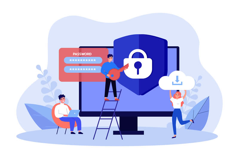 Cybersecurity illustration with password protection and data download.